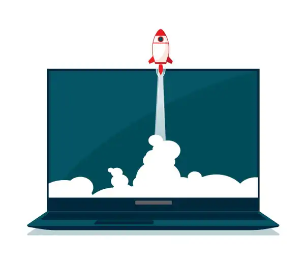 Image of a rocket flying out of a laptop